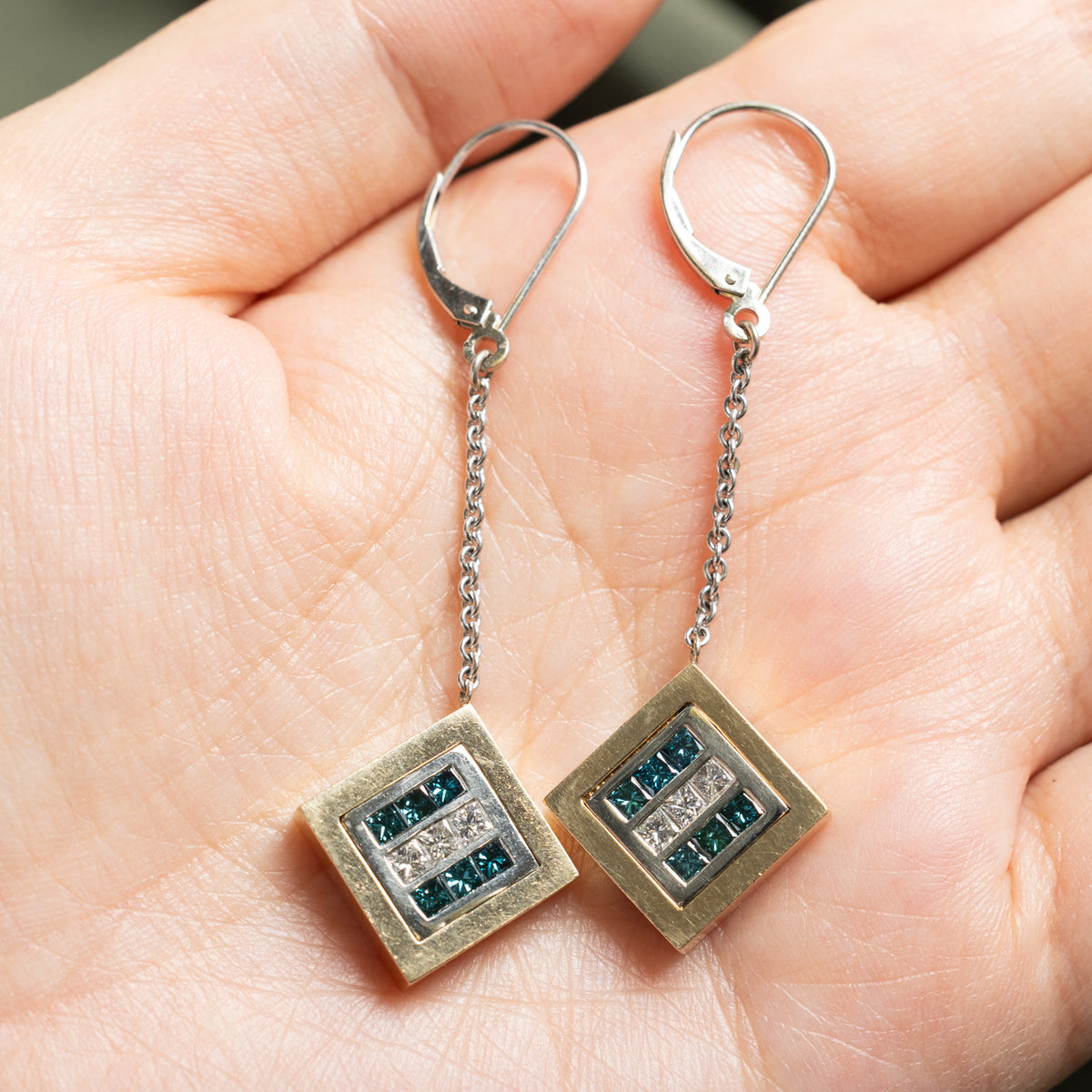 14k Princess Cut White & Blue Diamond Grid Geometric Drop Earrings | 1.39ctw
