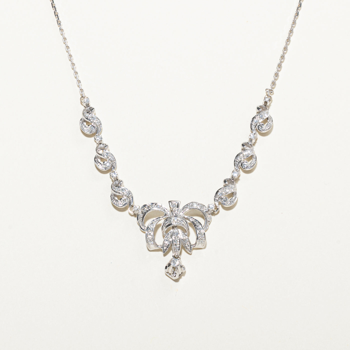 18k Pave Set Diamond Scrollwork Bow Pendant Necklace | 1.03ctw | 17.5"