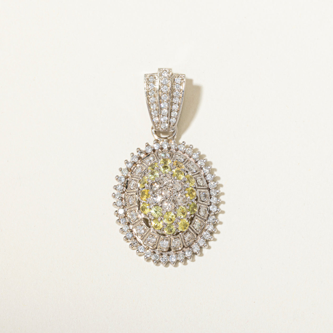 14k Pave Set Yellow Sapphire & Diamond Oval Cluster Pendant | 1.28ct, 2.11ctw