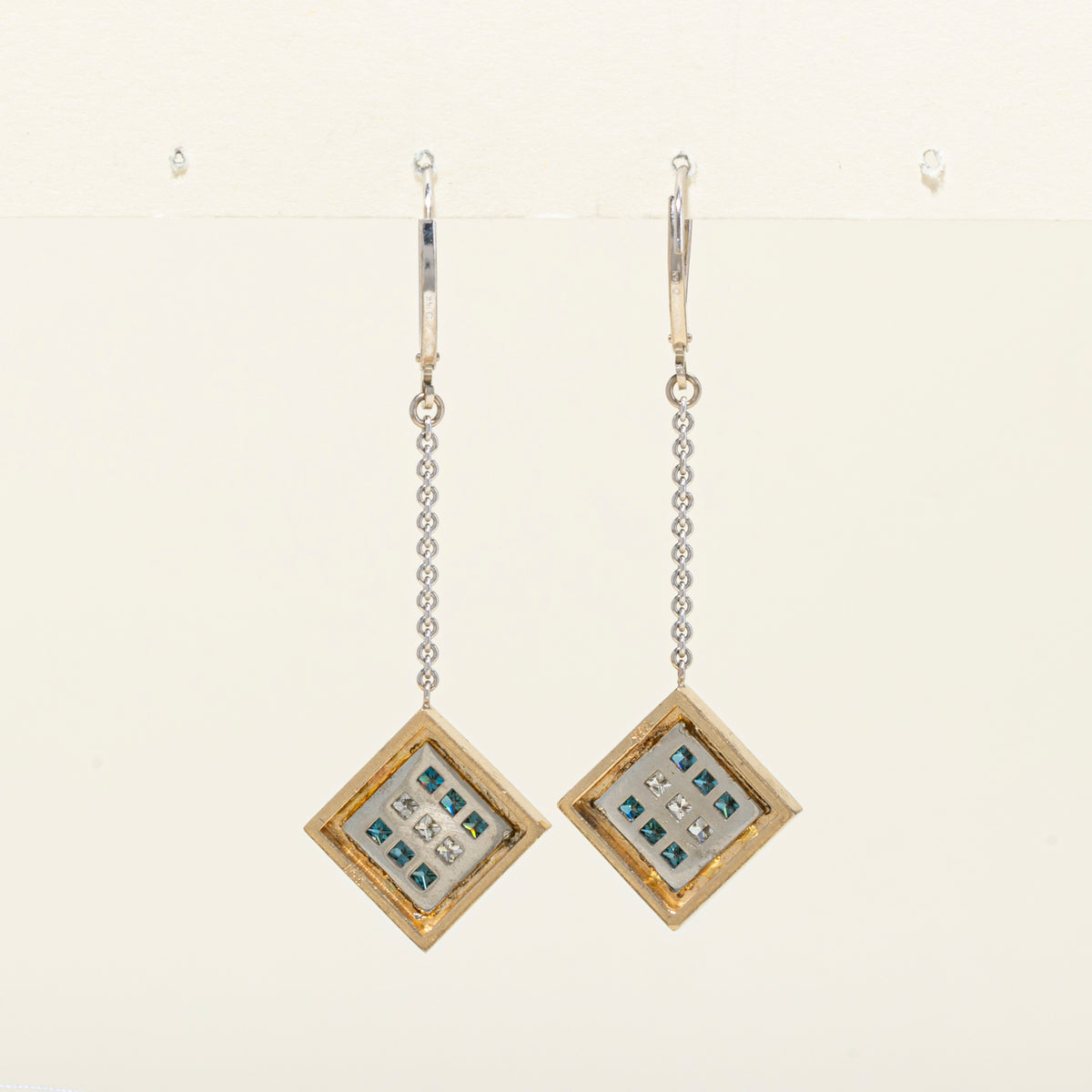 14k Princess Cut White & Blue Diamond Grid Geometric Drop Earrings | 1.39ctw
