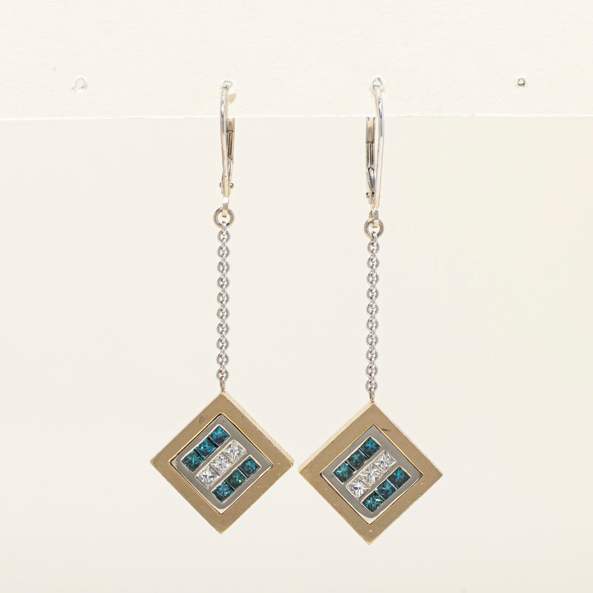 14k Princess Cut White & Blue Diamond Grid Geometric Drop Earrings | 1.39ctw