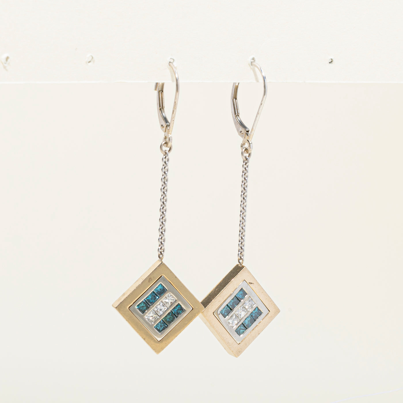 14k Princess Cut White & Blue Diamond Grid Geometric Drop Earrings | 1.39ctw
