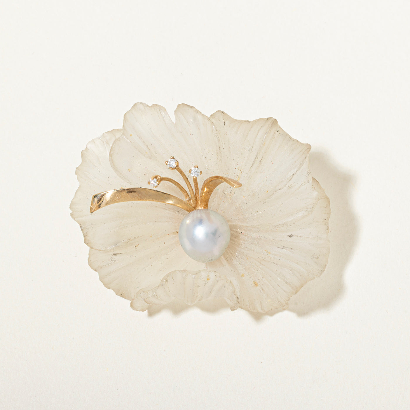 14k Diamond & Pearl Accented Quartz Flower Brooch | 90.00ct, 0.06ctw