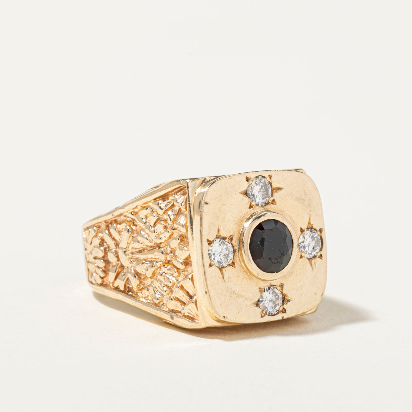 14k Garnet & Star Set Diamond Accented Chunky Signet Ring | 1.08ct, 0.40ctw | SZ 7.25