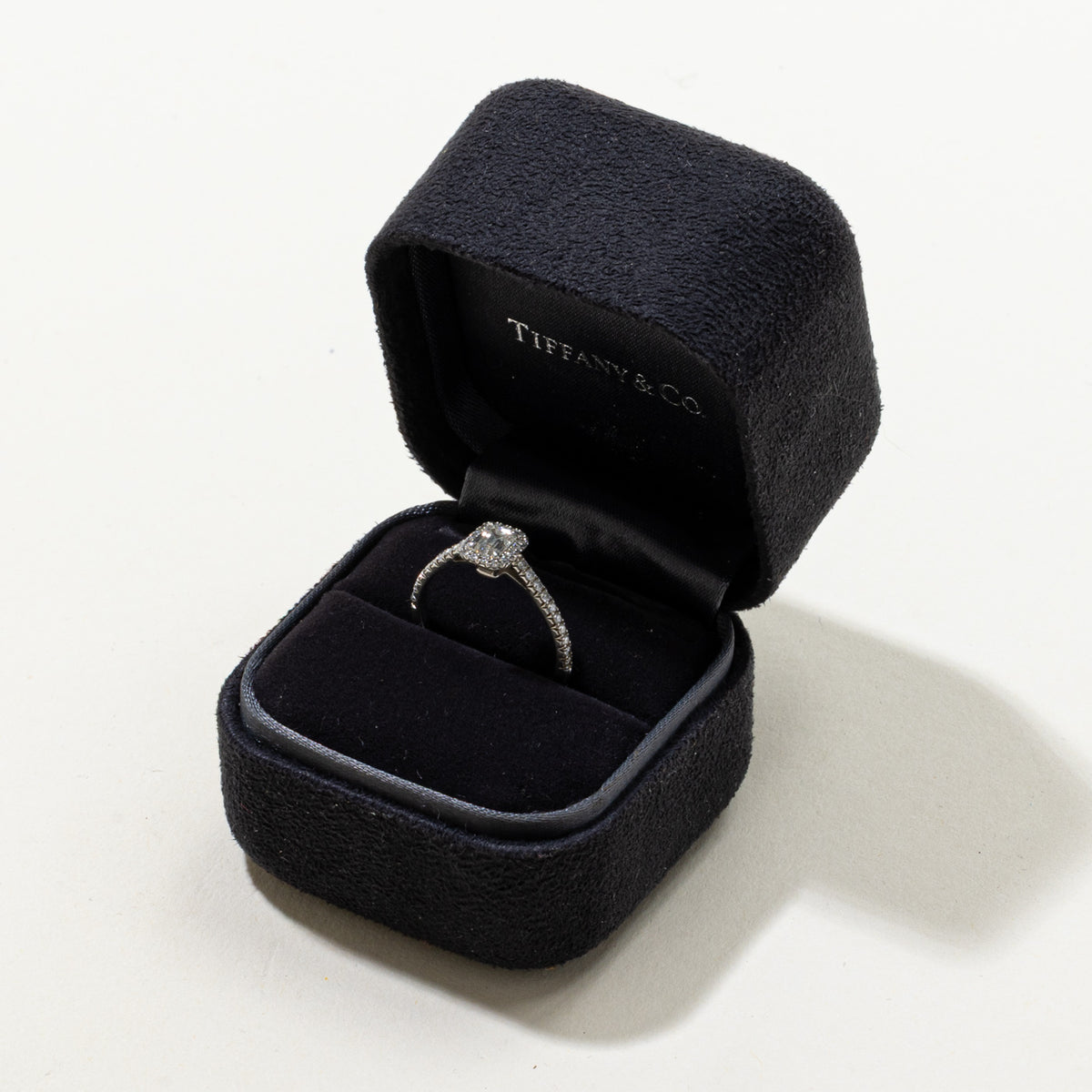 'Tiffany & Co.' Soleste Emerald-cut Halo Engagement Ring with a Diamond Platinum Band | 0.47ct VVS1 I Ex, 0.25ctw | SZ 4.75