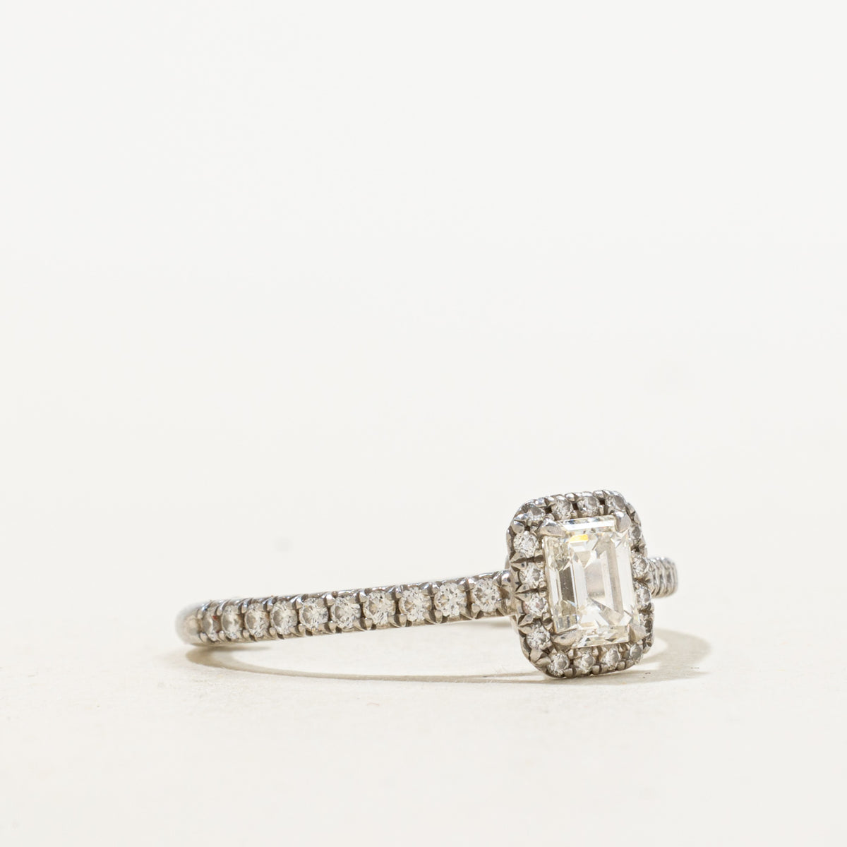 'Tiffany & Co.' Soleste Emerald-cut Halo Engagement Ring with a Diamond Platinum Band | 0.47ct VVS1 I Ex, 0.25ctw | SZ 4.75