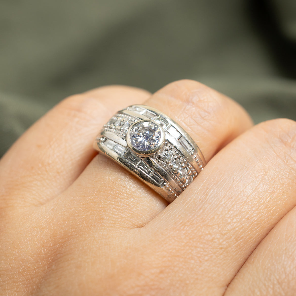 14k Bezel Set Diamond Milgrain Grooved Low Dome Ring | 1.94ctw | SZ 7.5