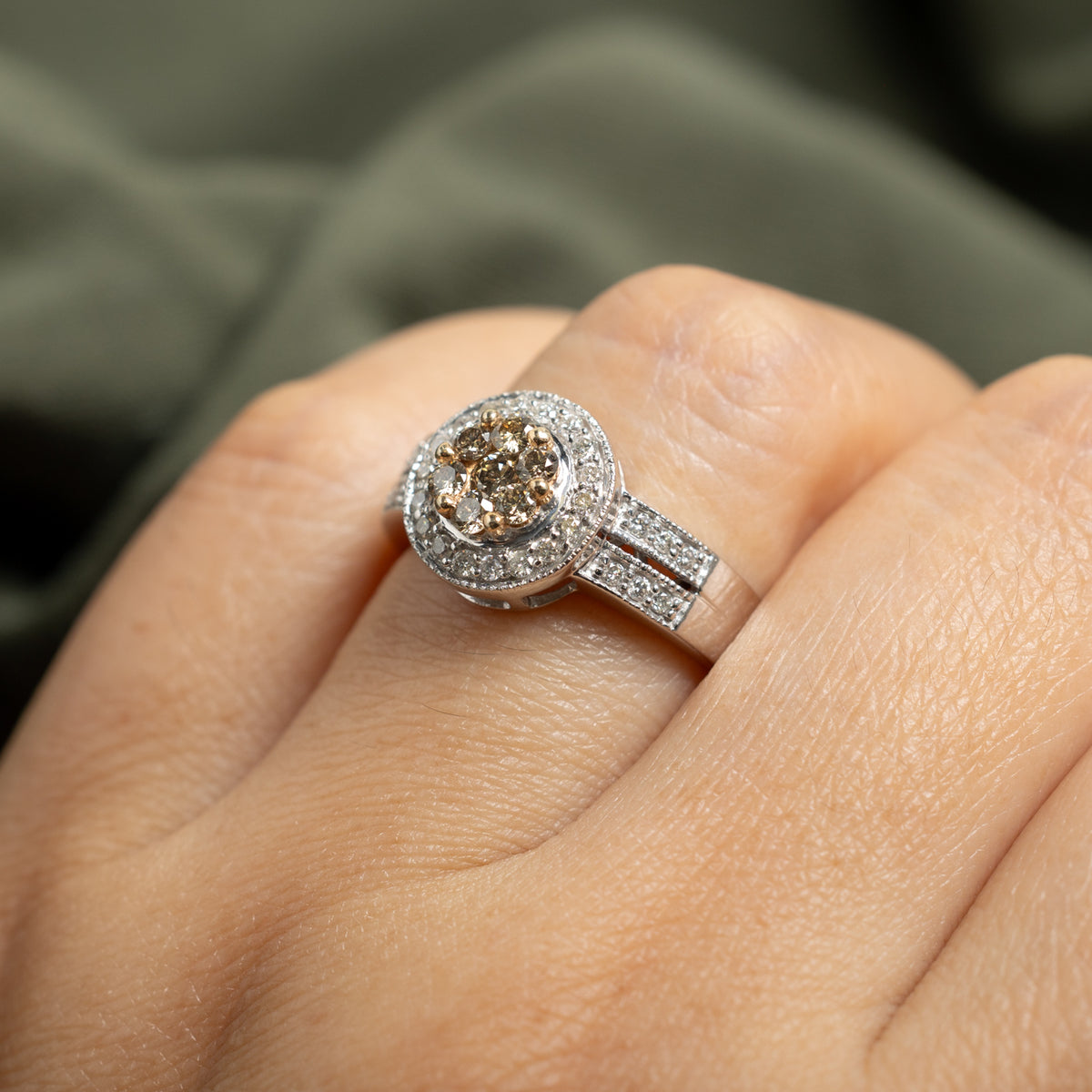 14k Pave Set Brown & White Diamond Cluster Halo Ring | 0.55ctw | SZ 7