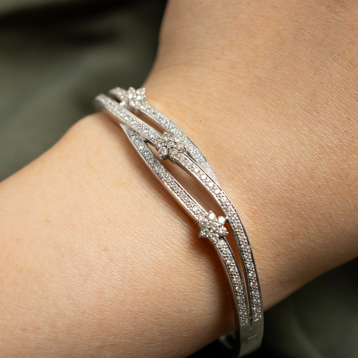 14k Scattered Diamond Cluster Floral Wave Bangle | 1.46ctw | 2.5"
