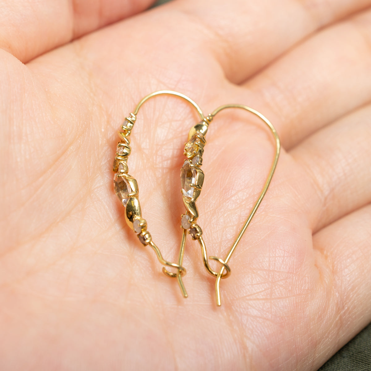 18k Scattered Diamond, Citrine & Quartz Abstract Drop Earrings | 0.32ctw