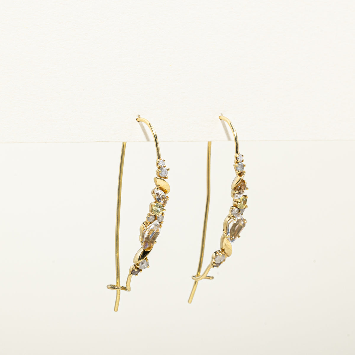 18k Scattered Diamond, Citrine & Quartz Abstract Drop Earrings | 0.32ctw