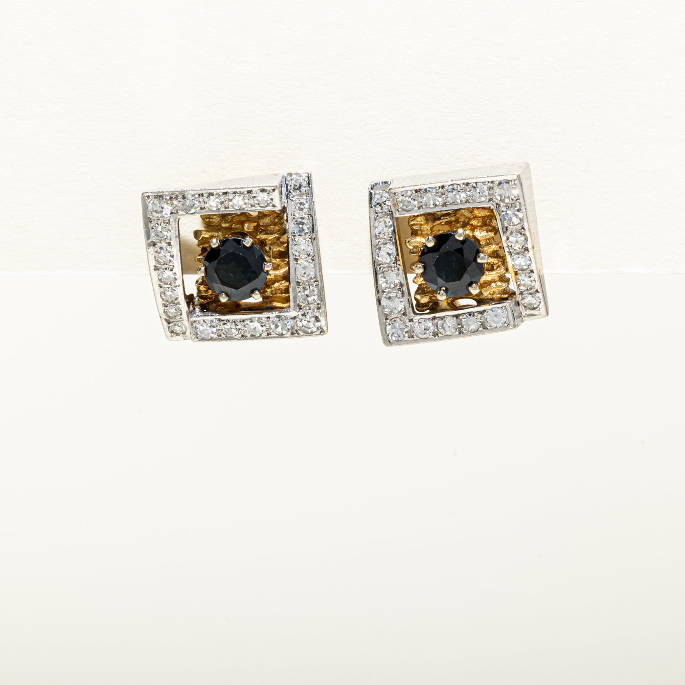 14k Two Tone Sapphire & Diamond Textured Geometric Stud Earrings | 1.42ctw, 0.99ctw