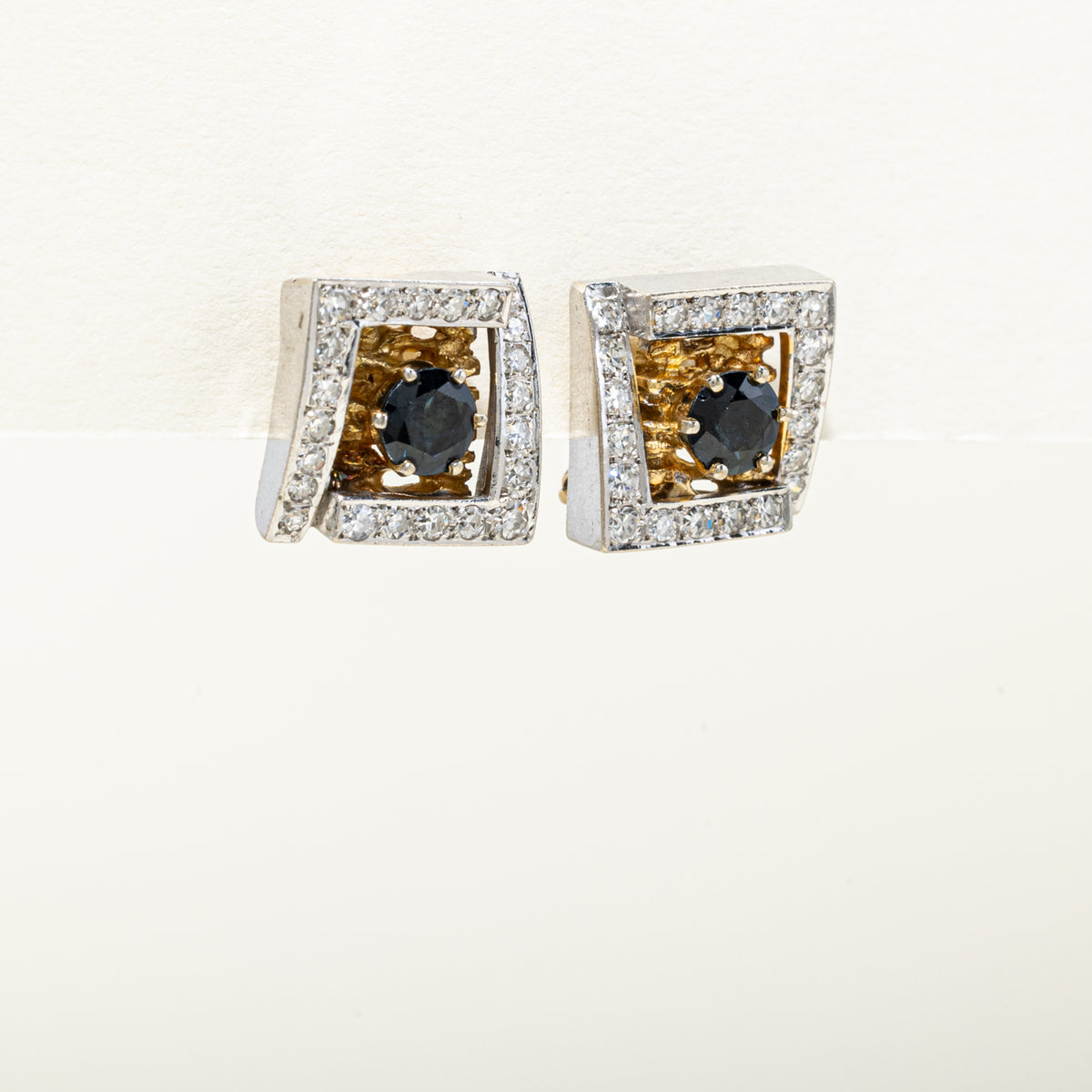 14k Two Tone Sapphire & Diamond Textured Geometric Stud Earrings | 1.42ctw, 0.99ctw