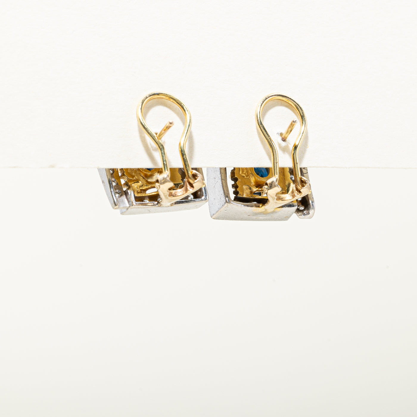 14k Two Tone Sapphire & Diamond Textured Geometric Stud Earrings | 1.42ctw, 0.99ctw
