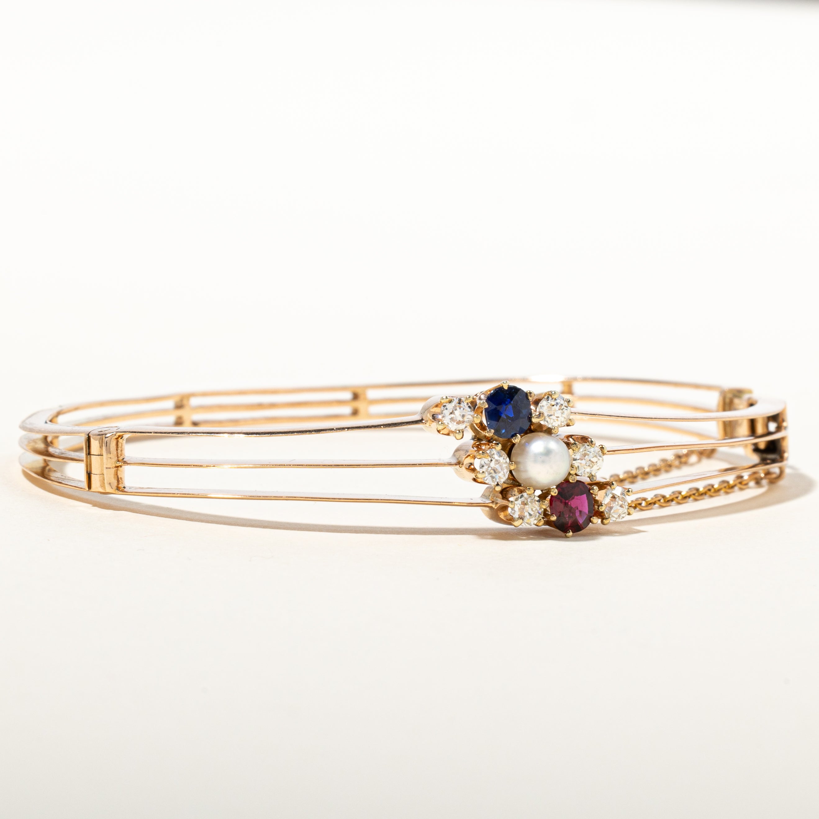 14k Ruby, Sapphire, Diamond & Pearl Cluster Bangle | 0.72ctw, 0.51ctw | 2.75"