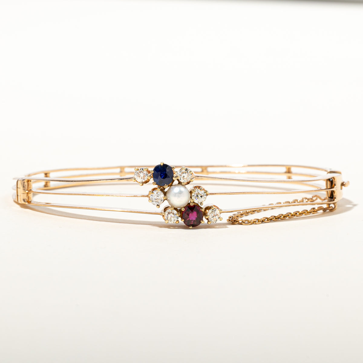 14k Ruby, Sapphire, Diamond & Pearl Cluster Bangle | 0.72ctw, 0.51ctw | 2.75"