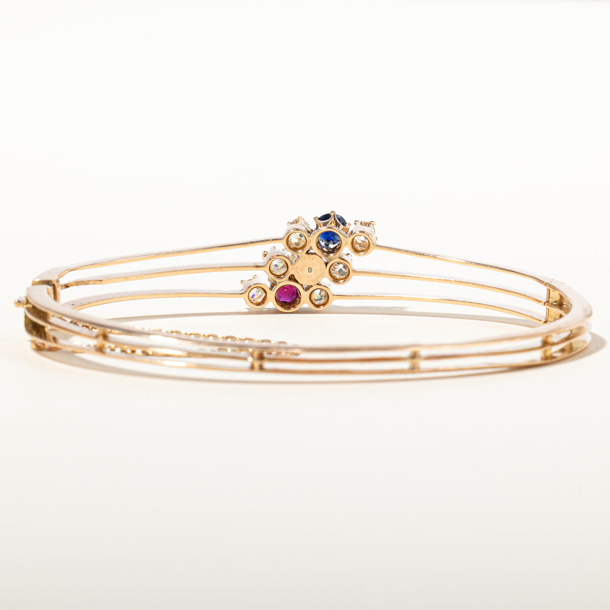 14k Ruby, Sapphire, Diamond & Pearl Cluster Bangle | 0.72ctw, 0.51ctw | 2.75"