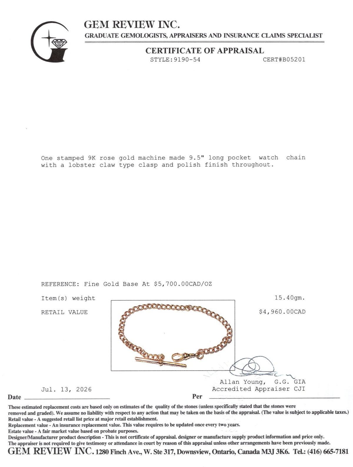 9k Rose Gold Curb Link T Bar Watch Chain | 4mm | 9.5"