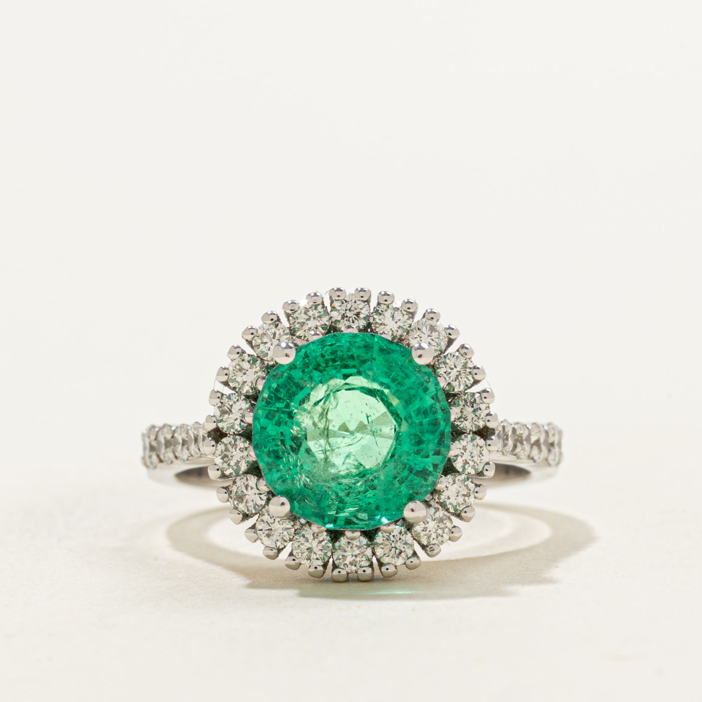 18k Round Cut Emerald & Diamond Halo Ring | 4.02ct, 0.75ctw | SZ 7.5