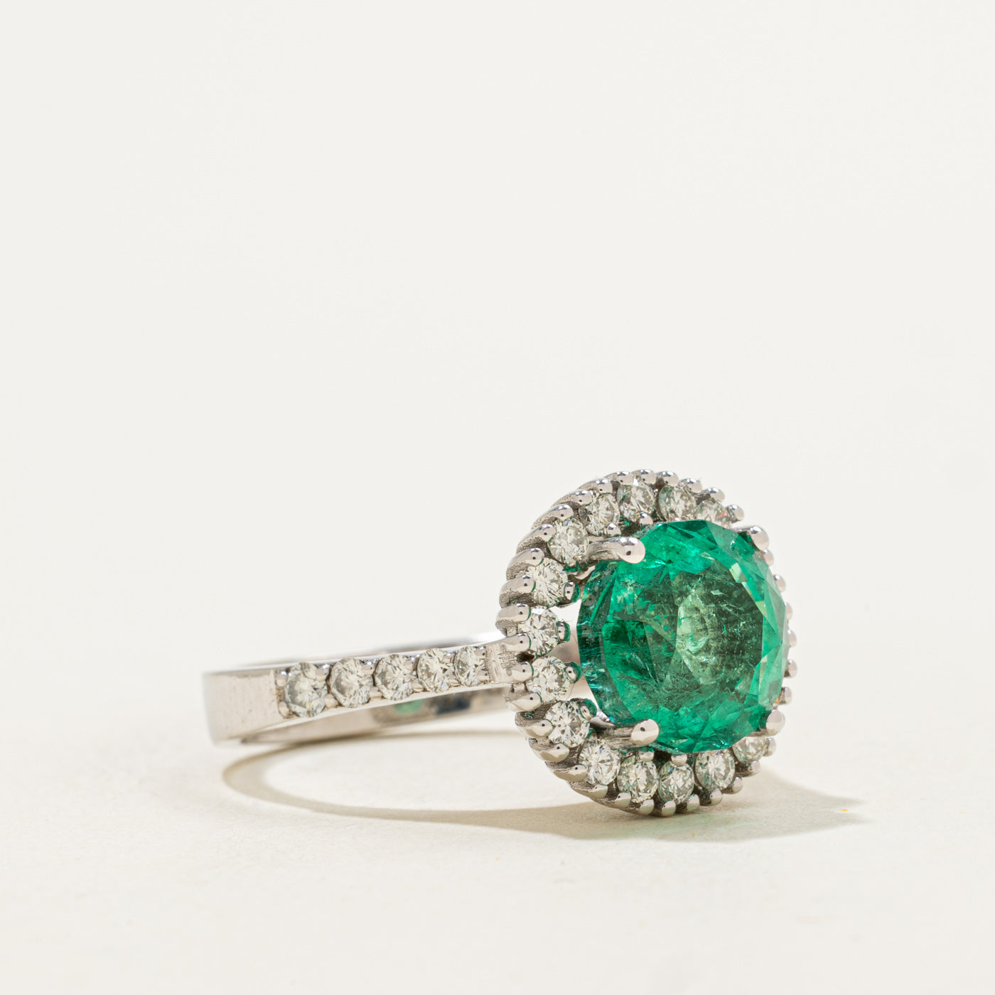 18k Round Cut Emerald & Diamond Halo Ring | 4.02ct, 0.75ctw | SZ 7.5