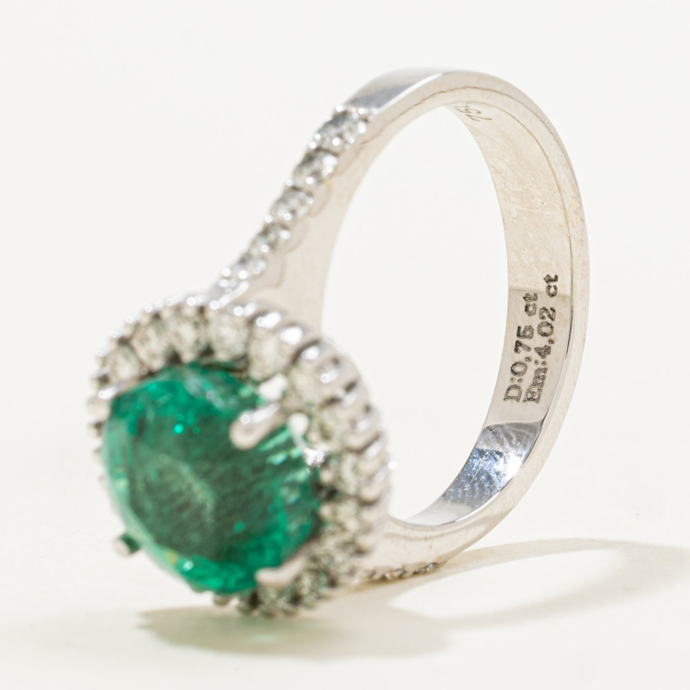 18k Round Cut Emerald & Diamond Halo Ring | 4.02ct, 0.75ctw | SZ 7.5