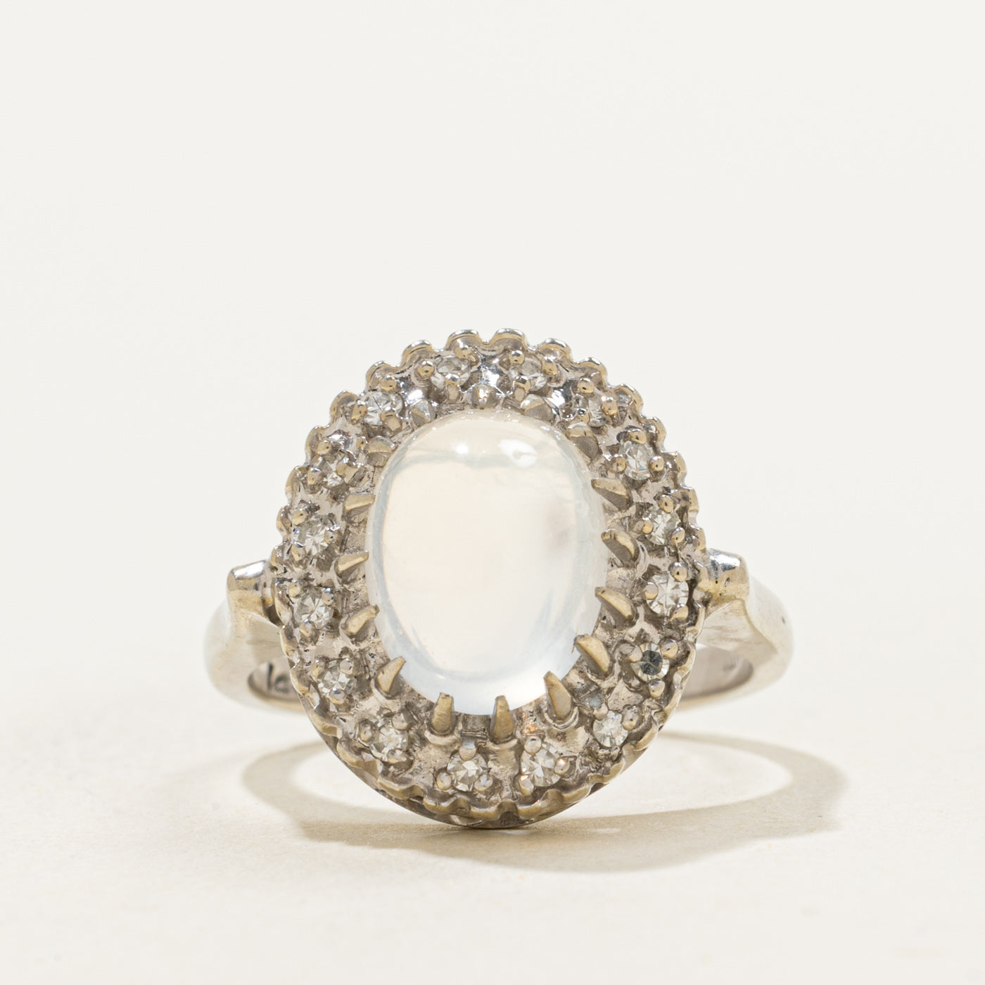 Mid-Century 14k Moonstone & Single Cut Diamond Halo Ring | 3.25ct, 0.16ctw | SZ 5.5