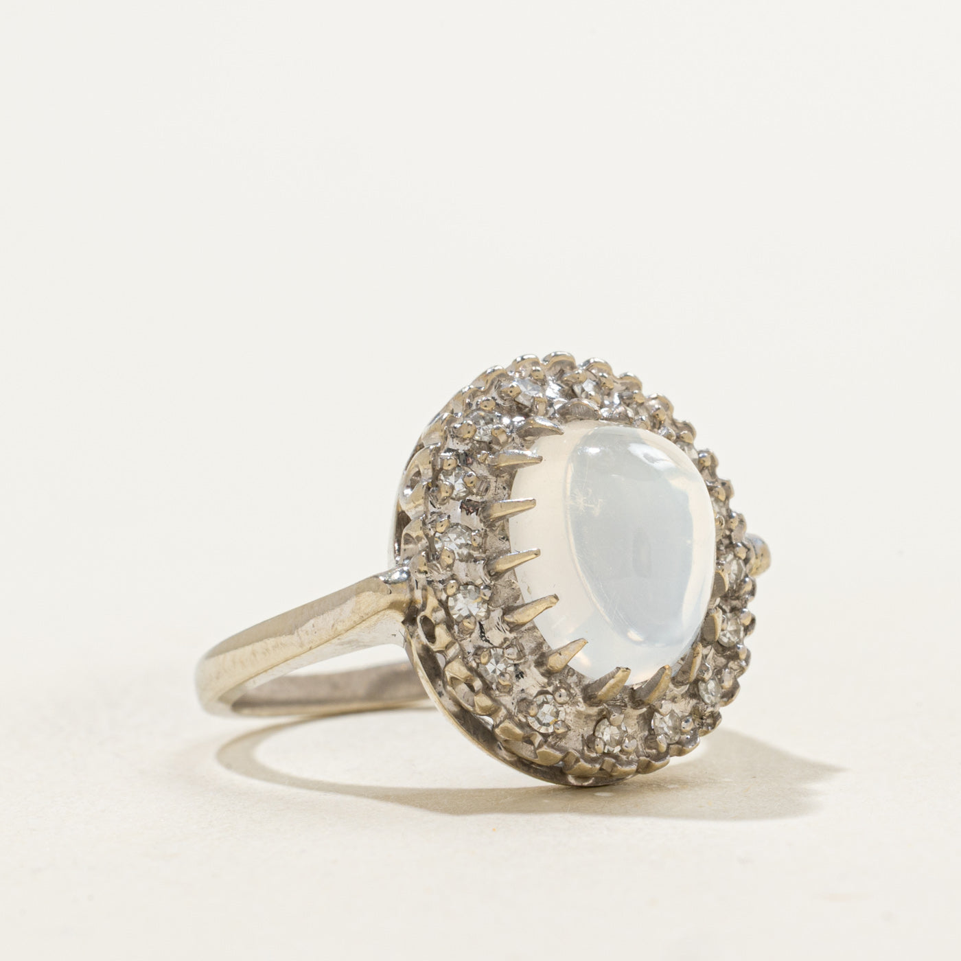 Mid-Century 14k Moonstone & Single Cut Diamond Halo Ring | 3.25ct, 0.16ctw | SZ 5.5