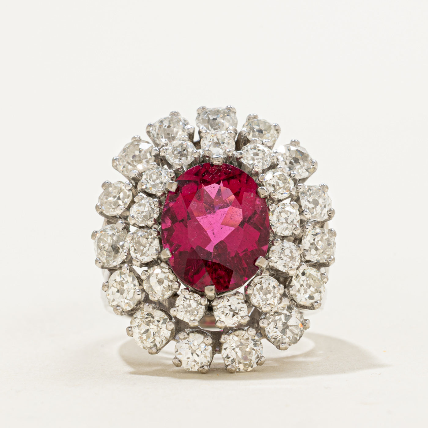 18k Oval Rubellite & Antique Cut Diamond Halo Ring | 3.35ct, 2.63ctw | SZ 4.25