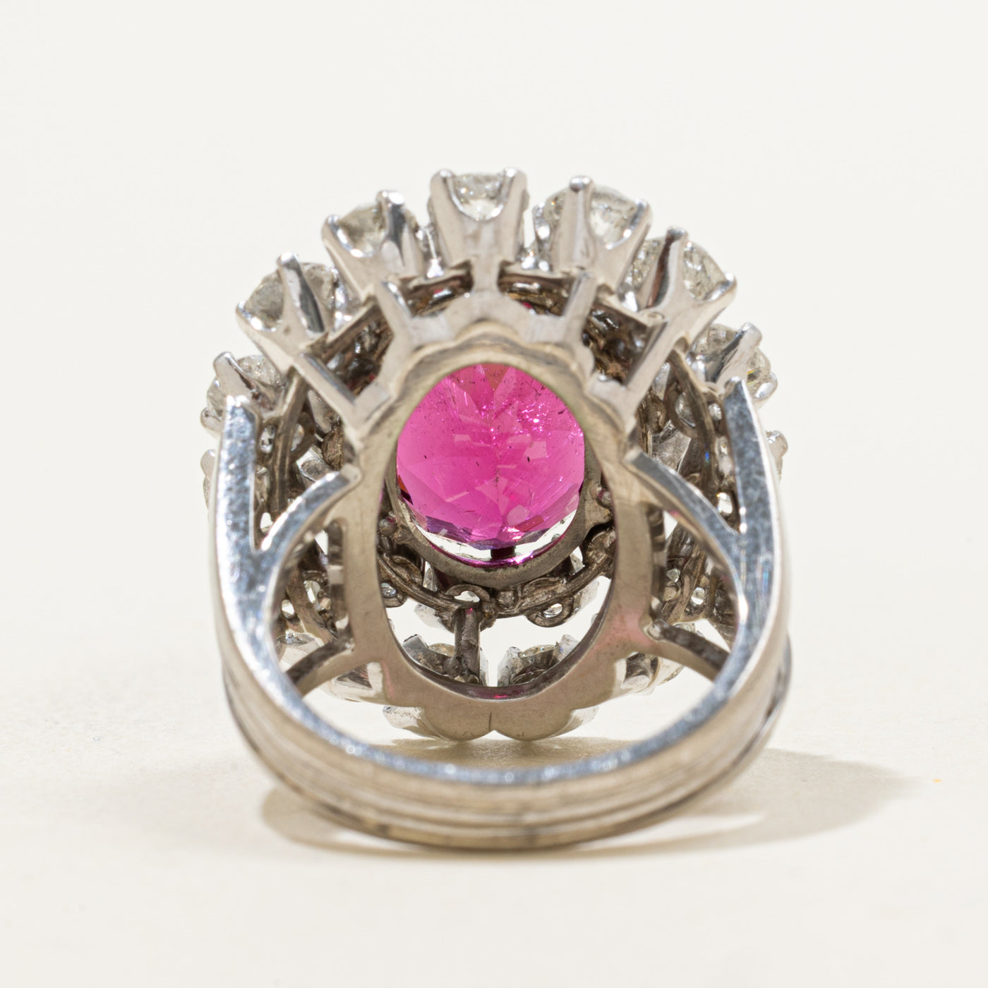 18k Oval Rubellite & Antique Cut Diamond Halo Ring | 3.35ct, 2.63ctw | SZ 4.25