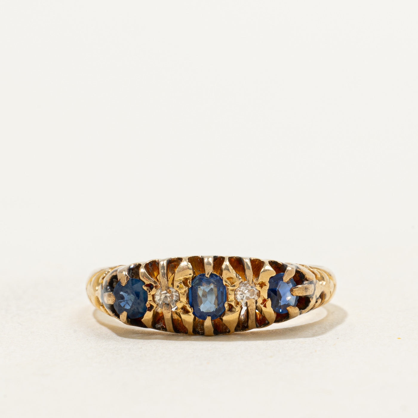1918 Birmingham 18k Antique Cut Sapphire & Diamond Boat Ring | 0.40ctw, 0.04ctw | SZ 6.5