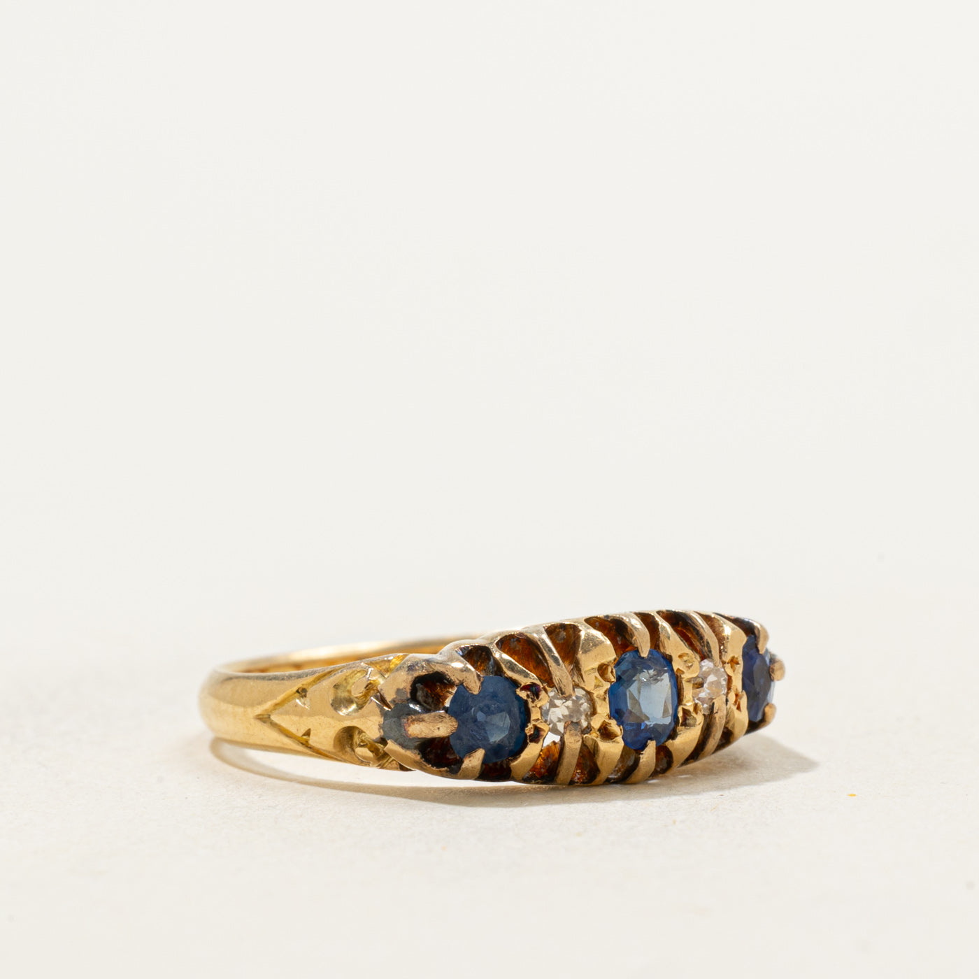 1918 Birmingham 18k Antique Cut Sapphire & Diamond Boat Ring | 0.40ctw, 0.04ctw | SZ 6.5