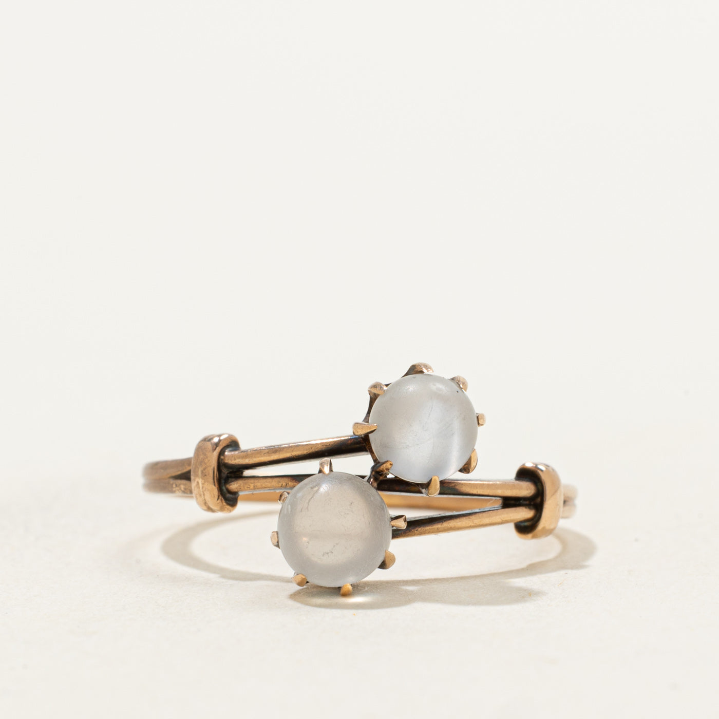 Late Victorian 10k Moonstone Two Stone Bypass Ring | 1.00ctw | SZ 7.25