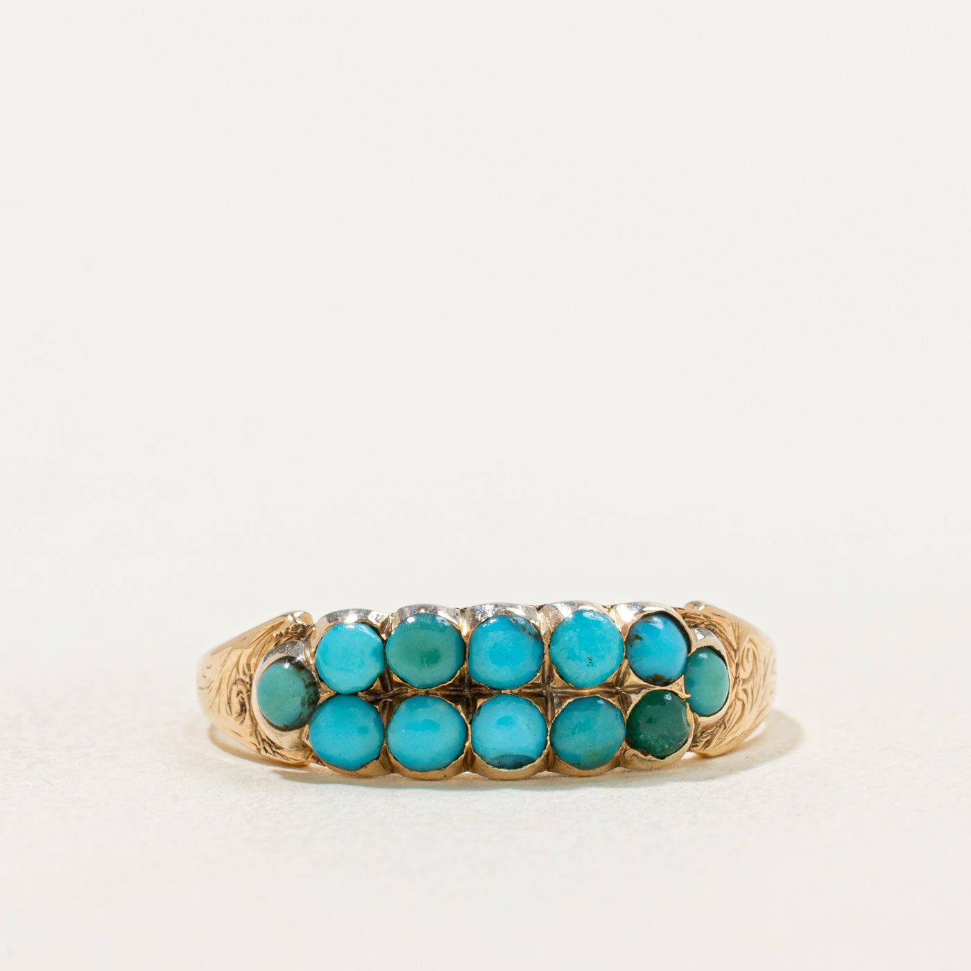 Edwardian 14k Closed Back Turquoise Double Row Boat Ring | 0.60ctw | SZ 6.75