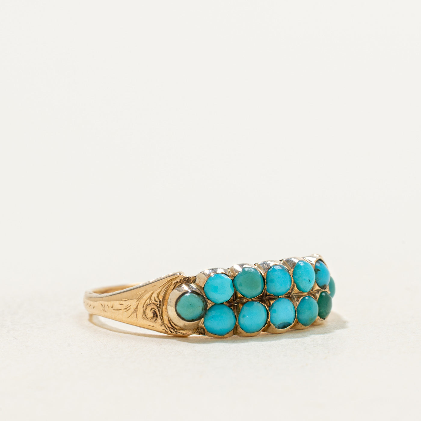 Edwardian 14k Closed Back Turquoise Double Row Boat Ring | 0.60ctw | SZ 6.75
