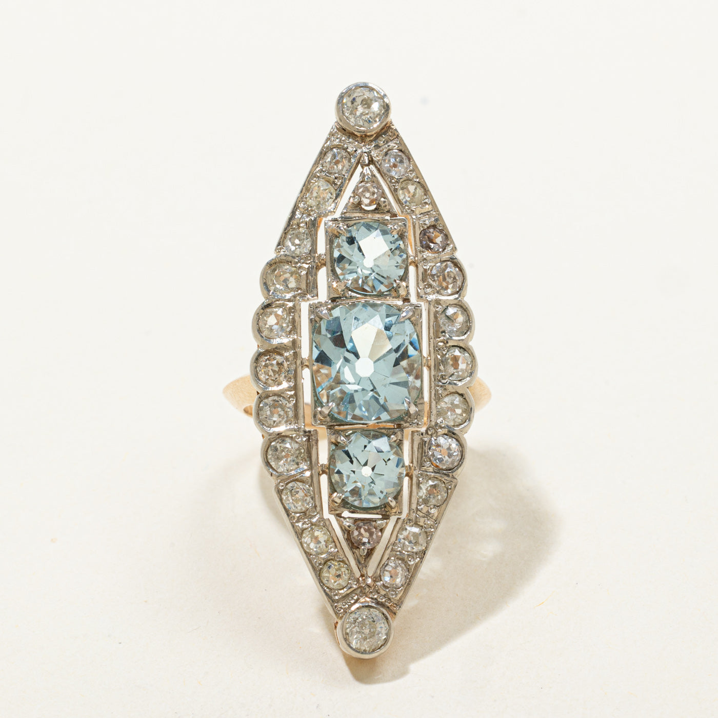 Art Deco 14k Aquamarine Old European & Antique Cut Diamond Navette Ring | 1.70ctw, 4.20ctw | SZ 7.25