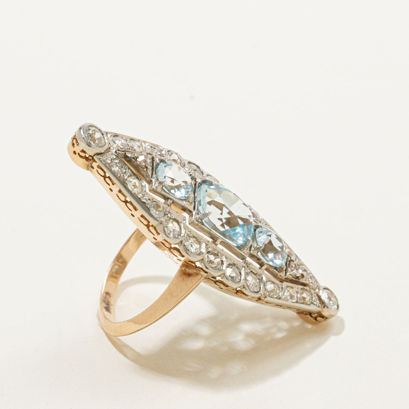 Art Deco 14k Aquamarine Old European & Antique Cut Diamond Navette Ring | 1.70ctw, 4.20ctw | SZ 7.25