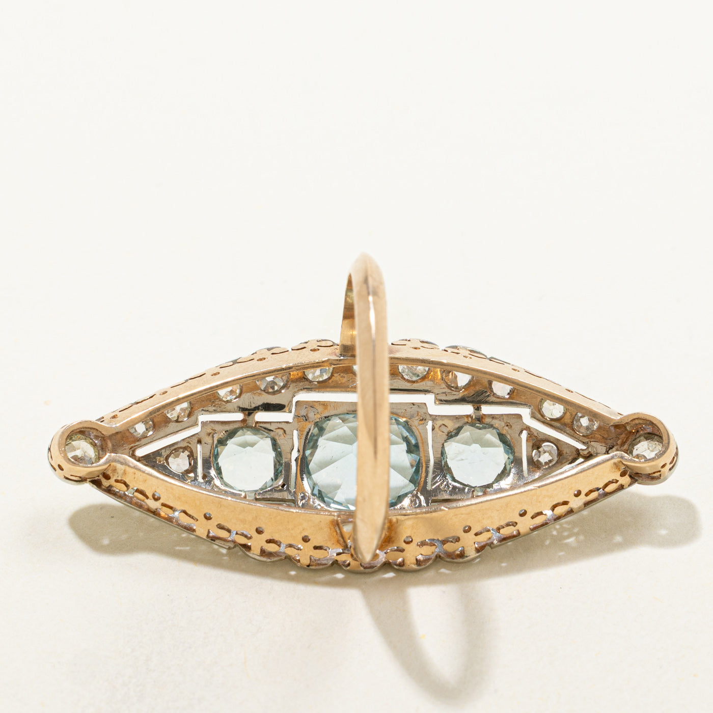 Art Deco 14k Aquamarine Old European & Antique Cut Diamond Navette Ring | 1.70ctw, 4.20ctw | SZ 7.25
