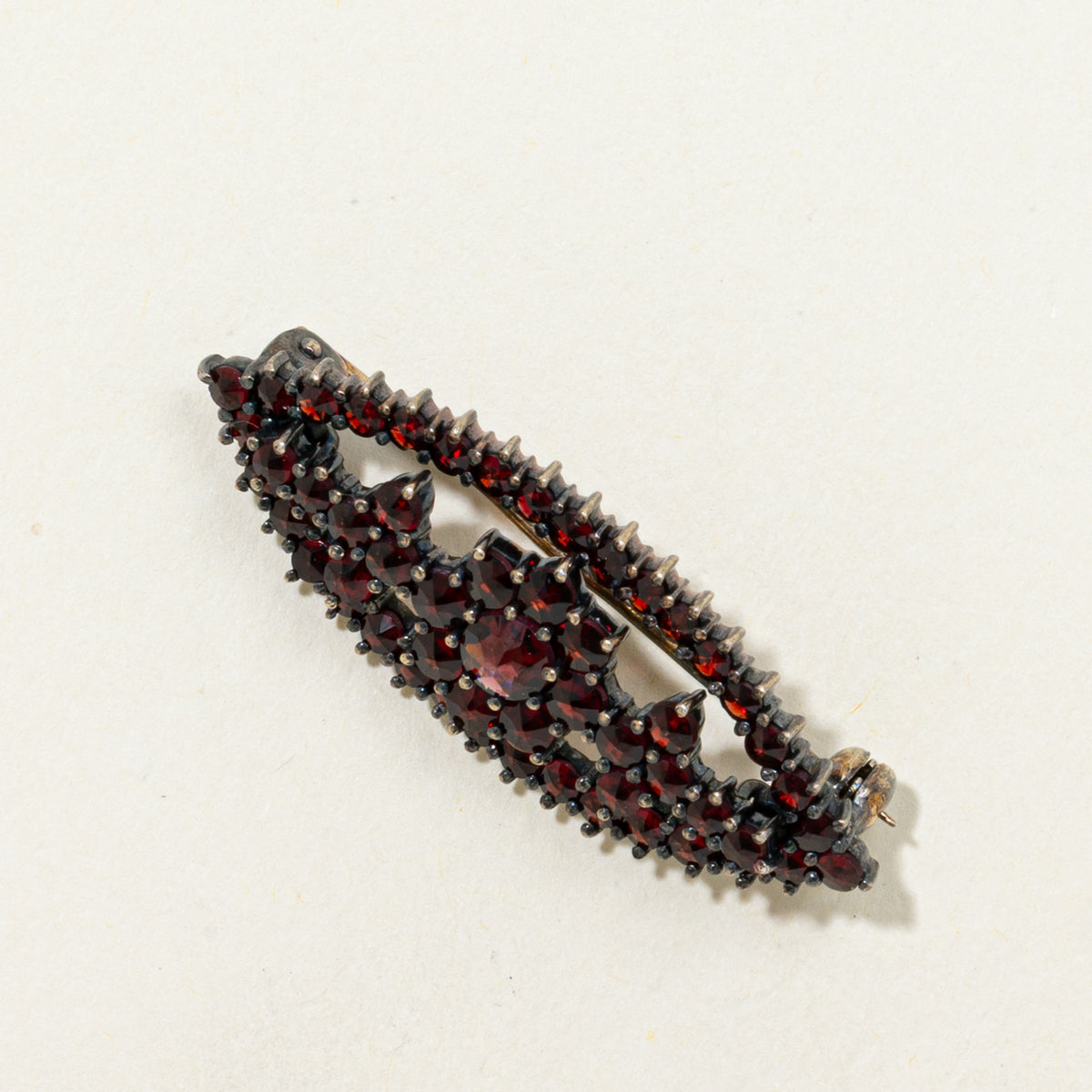 Late Victorian 800 Silver Bohemian Rose Cut Garnet Brooch | 3.00ctw