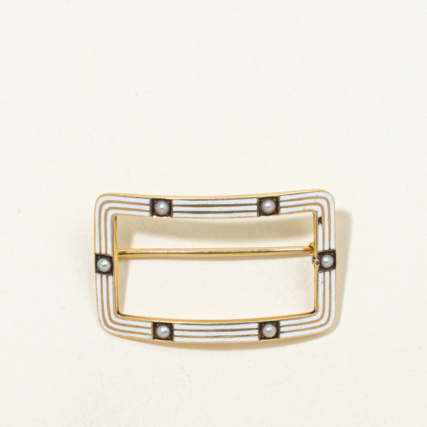 'Riker Brothers' Art Deco 14k White Enamel & Seed Pearl Rectangular Brooch