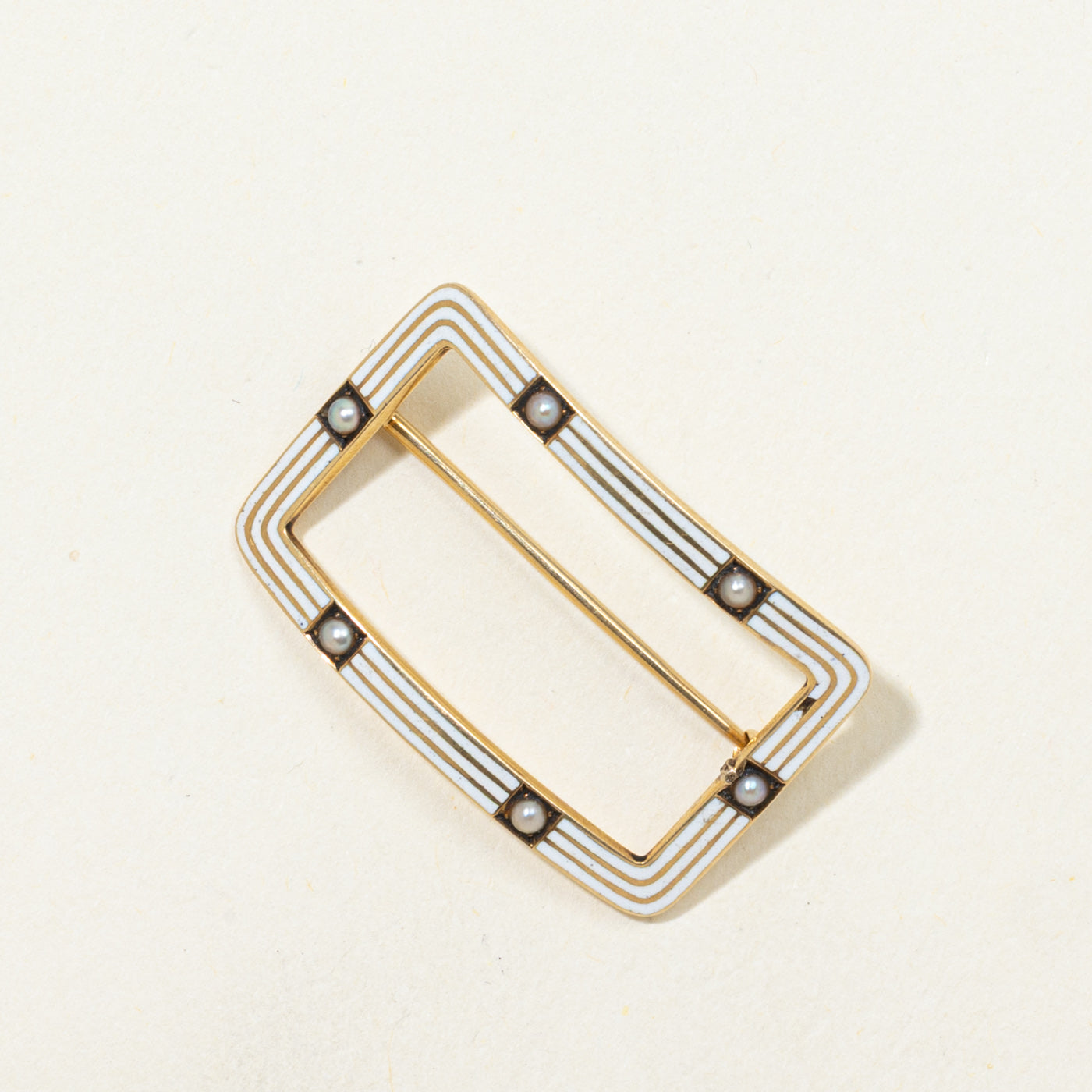 'Riker Brothers' Art Deco 14k White Enamel & Seed Pearl Rectangular Brooch