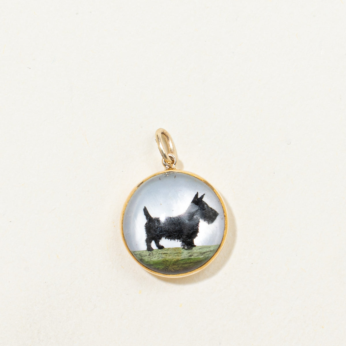 Edwardian 18k Hand-Painted Essex Crystal Terrier Pendant