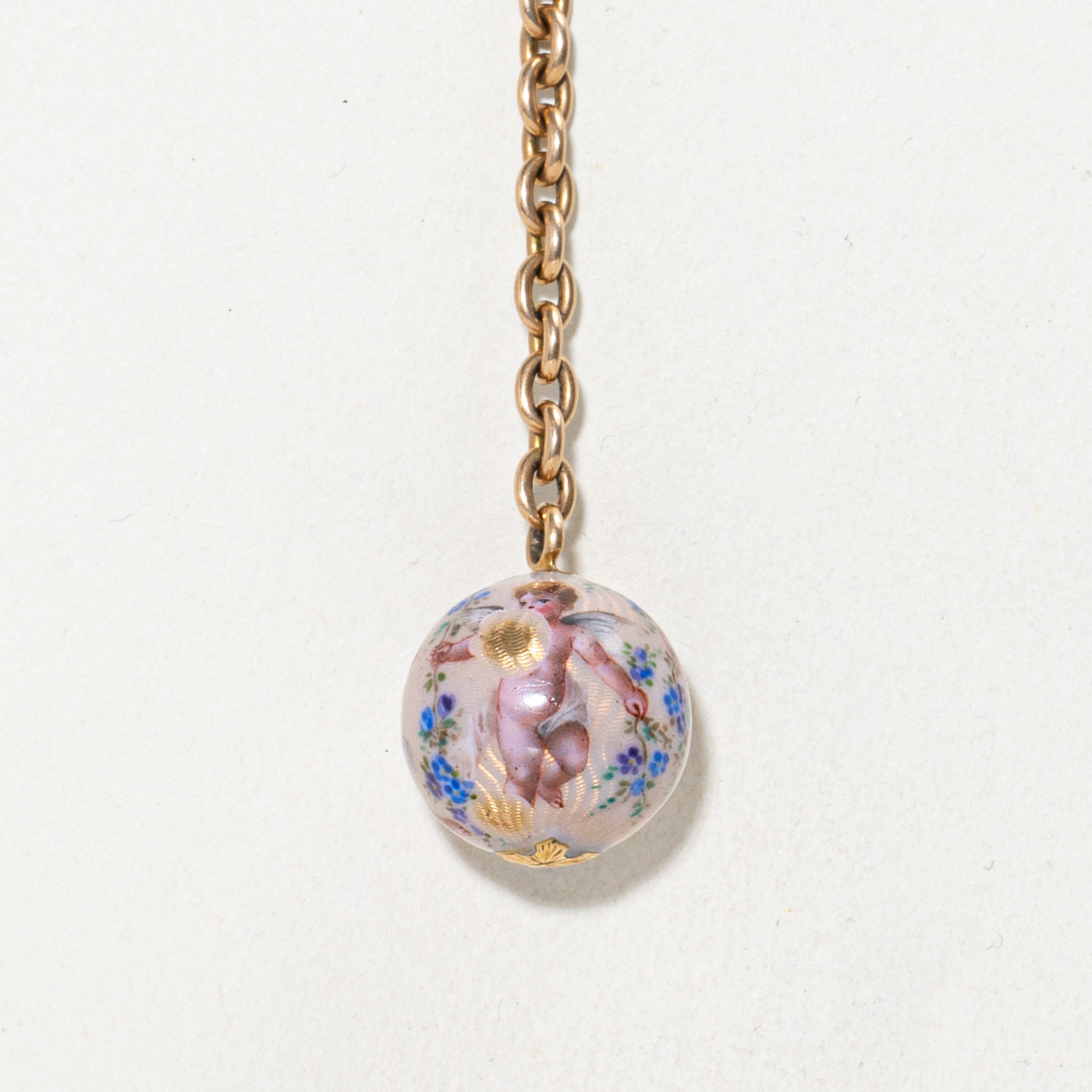 Mid-Century 14k Hand-Painted Enamel Cherub & Floral Globe Fob Charm | 6"