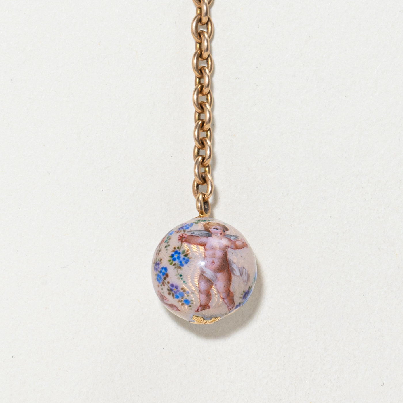 Mid-Century 14k Hand-Painted Enamel Cherub & Floral Globe Fob Charm | 6"