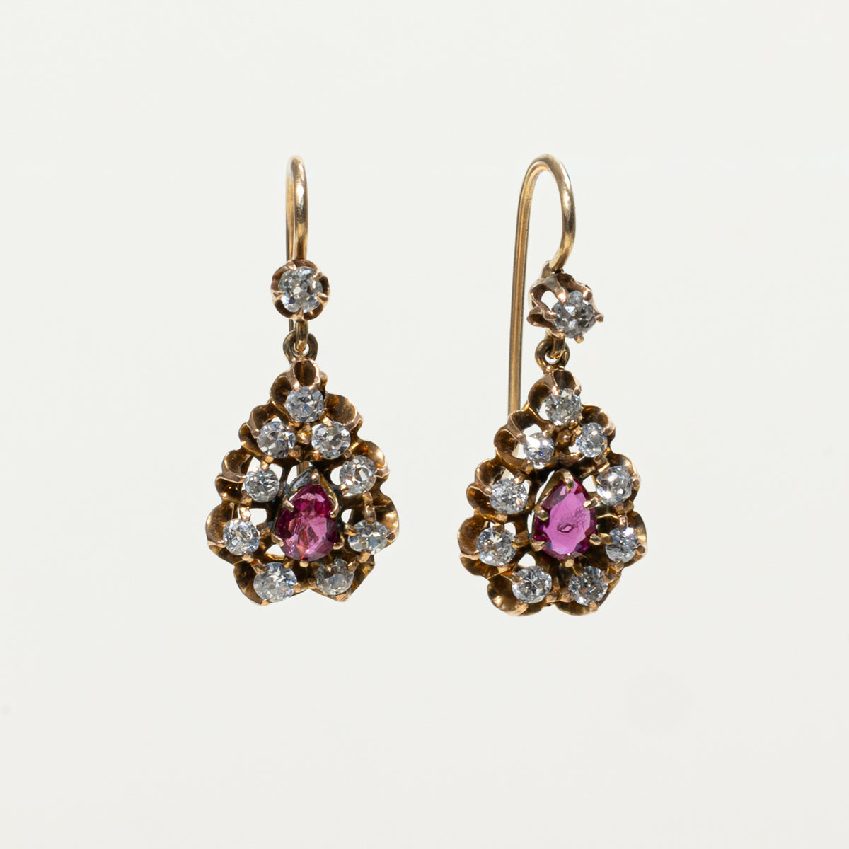 Edwardian 14k Ruby Old Mine & Old European Cut Diamond Drop Earrings | 0.40ctw, 0.60ctw