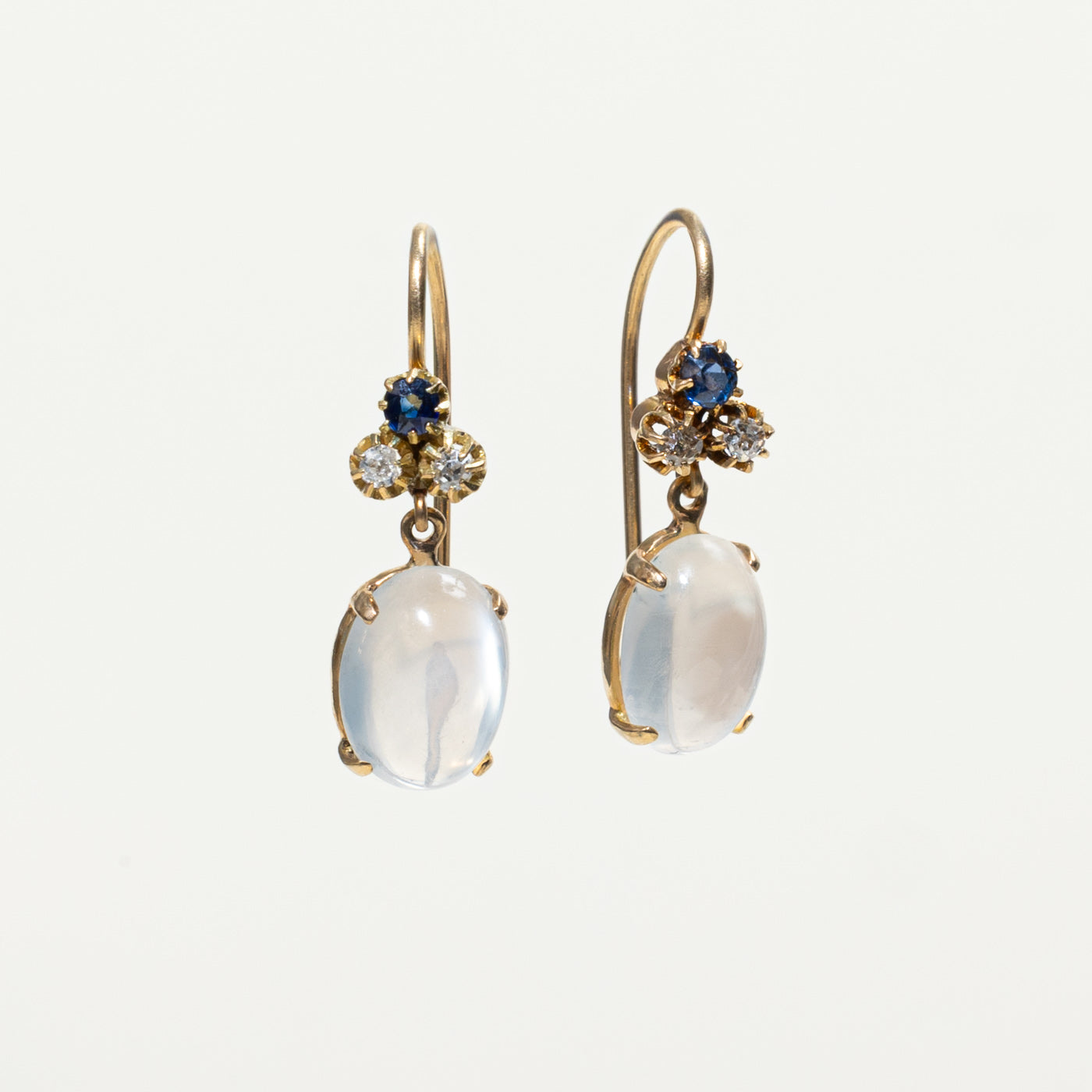 Edwardian 14k Moonstone Antique Cushion Sapphire & Old Mine Diamond Drop Earrings | 5.50ctw, 0.15ctw, 0.12ctw