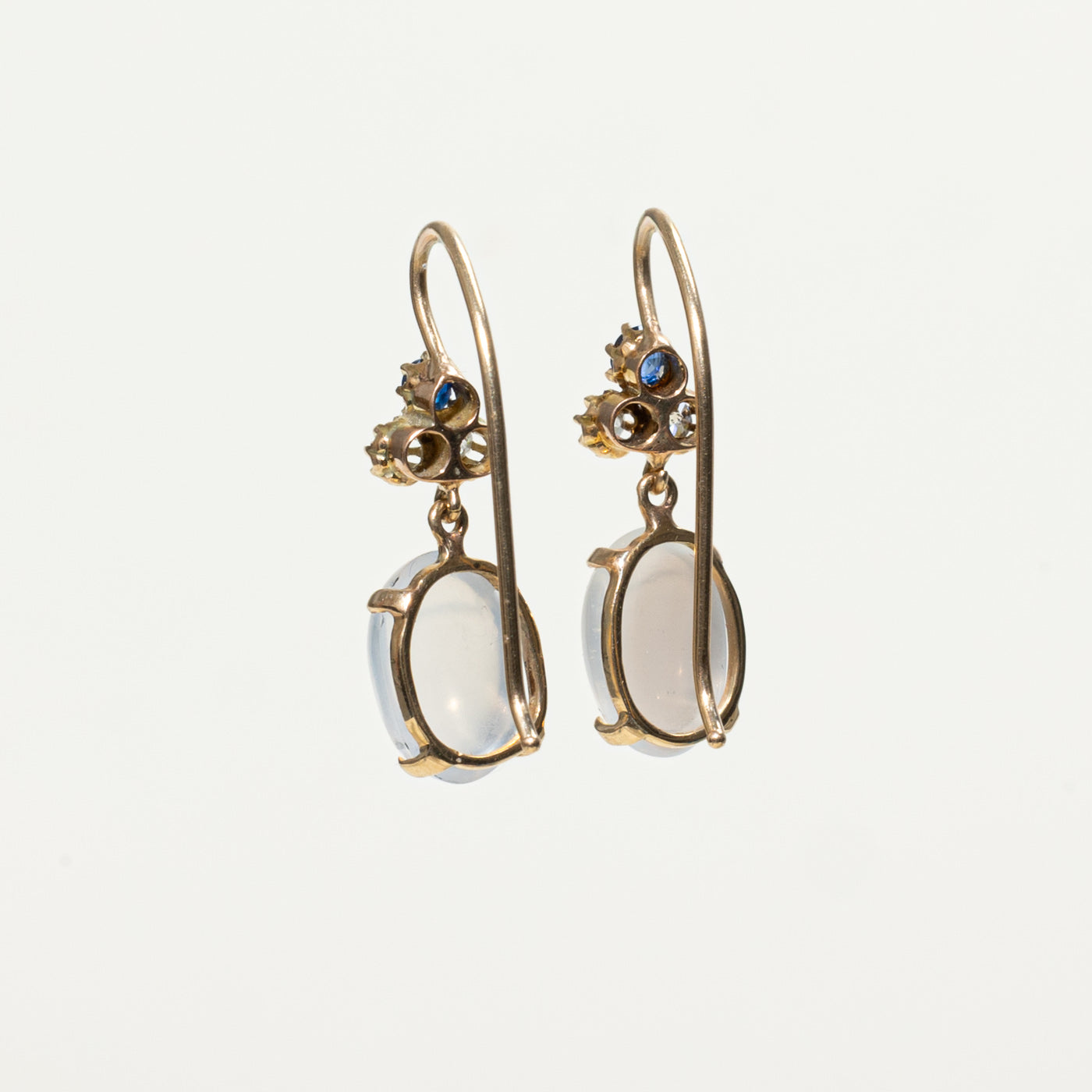 Edwardian 14k Moonstone Antique Cushion Sapphire & Old Mine Diamond Drop Earrings | 5.50ctw, 0.15ctw, 0.12ctw