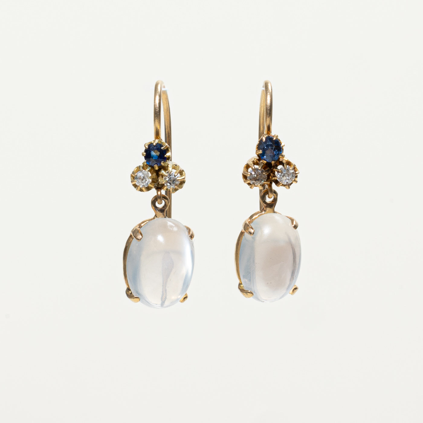 Edwardian 14k Moonstone Antique Cushion Sapphire & Old Mine Diamond Drop Earrings | 5.50ctw, 0.15ctw, 0.12ctw
