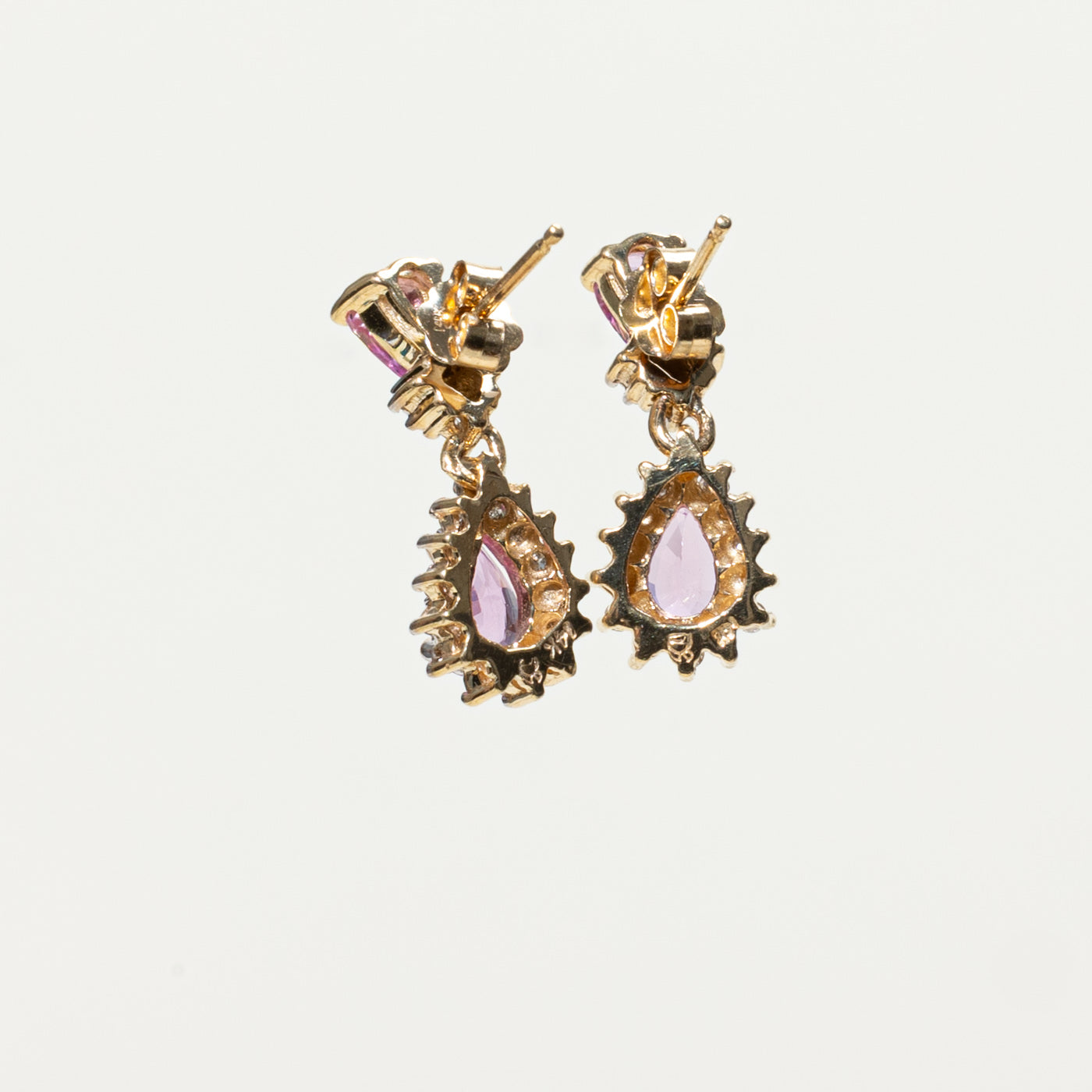 14k Pear Cut Pink Sapphire & Diamond Petal Halo Drop Earrings | 1.20ctw, 0.08ctw