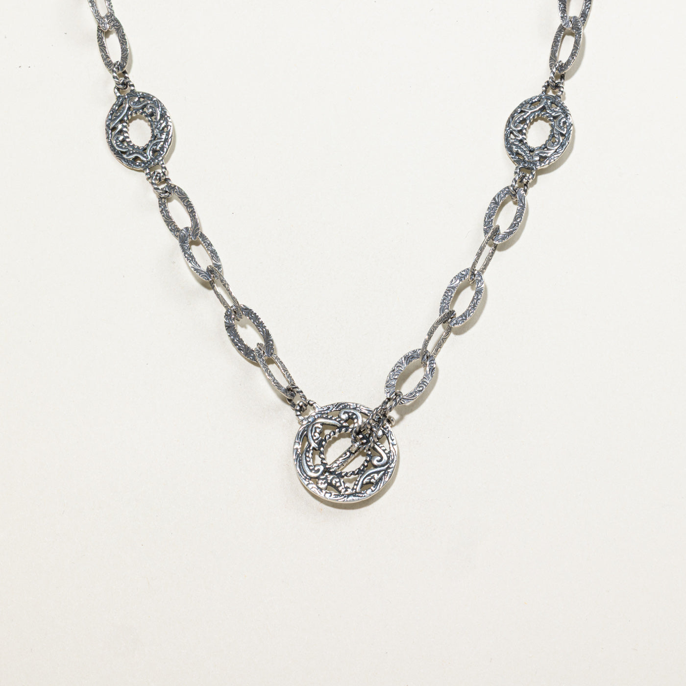 Sterling Silver Scollwork Engraved Disc Necklace | 20"