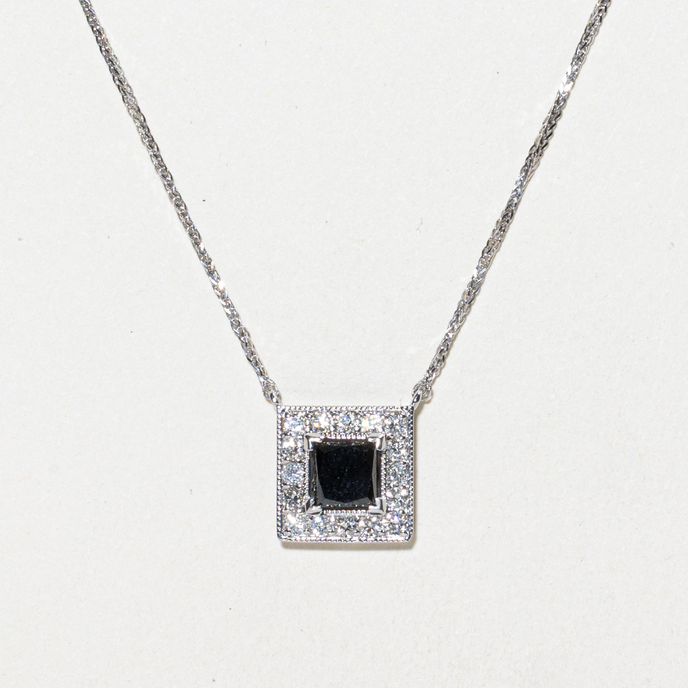 Princess Cut Black Diamond Halo Pendant Necklace | 0.95ct, 0.32ctw | 20"